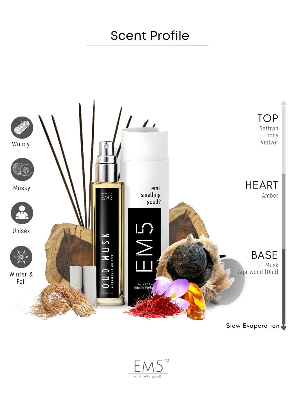 EM5™ Oud Musk Unisex Perfume | Woody Oud Warm Spicy Fragrance Accords | Eau De Parfum Spray for Men & Women | Luxury Gift for Him / Her | Sizes Available: 50 ml / 15 ml - House of EM5