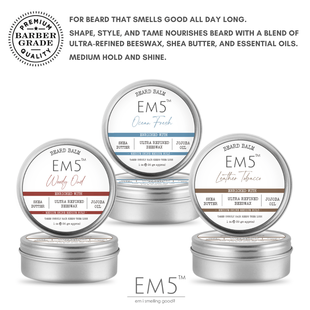 EM5™ Natural Organic Beard Balm | EM5's Natural Organic Beard Balm | Medium Hold - Shine | BeesWax, Shea Butter, Jojoba Oil, Essential Oils (Combo of 3) - House of EM5