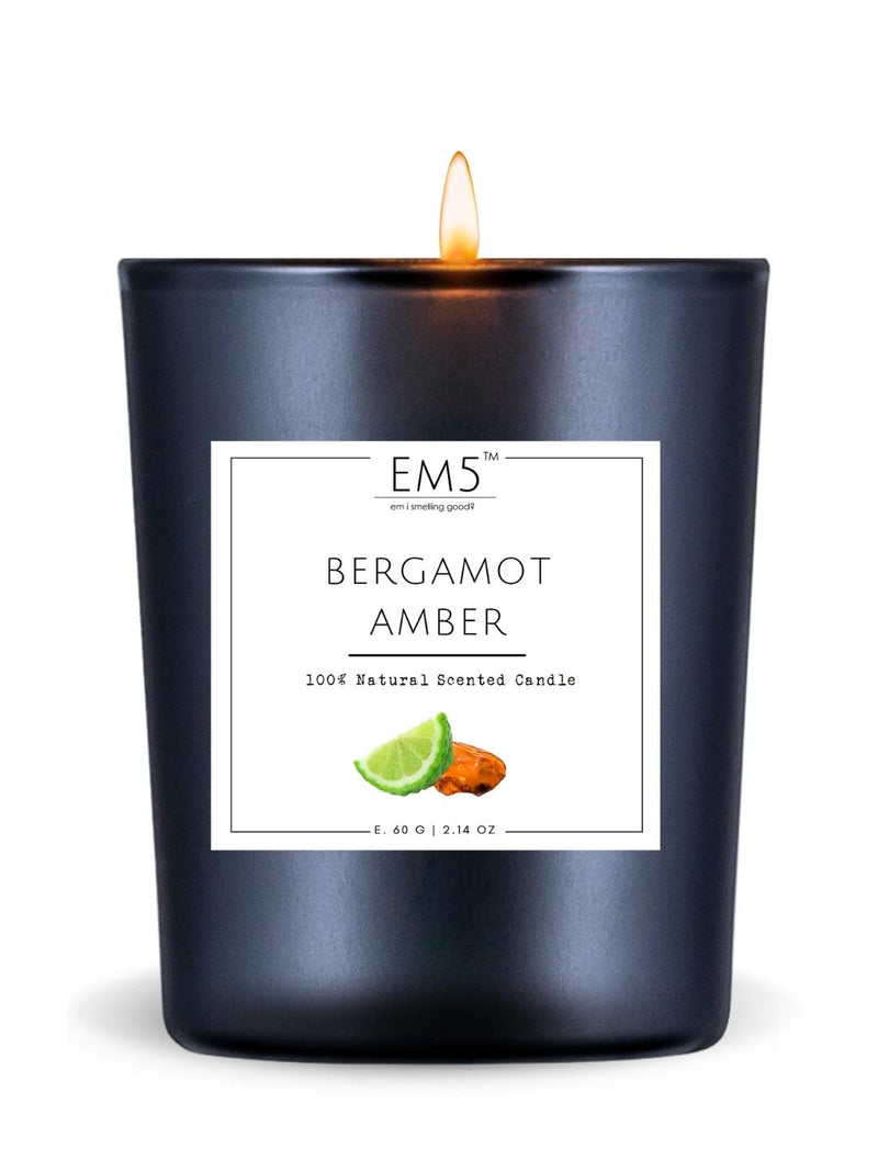 EM5™ Bergamot Amber Scented Candles | 60 gm | 12 to 16 Hrs Burn Time | Smoke Free & Non Toxic | Scented Candles for Home Decor & Aromatherapy | Best Fragrance Gift for Him/Her - House of EM5