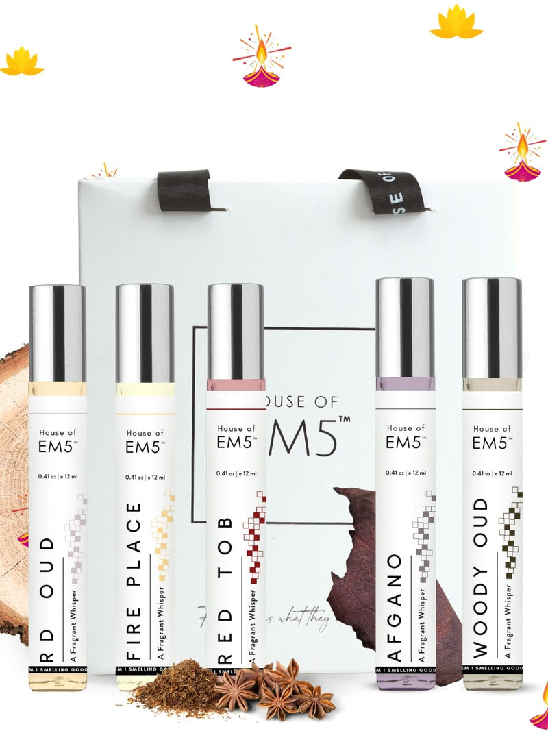 EM5 For Winters | Warm Spicy Smoky Fragrance | Set of 5 Perfume Sprays for Men and Women | Best Gift for Him and Her | Easy to Carry & Pocket Friendly | Pack of 5 (12ml Each)
