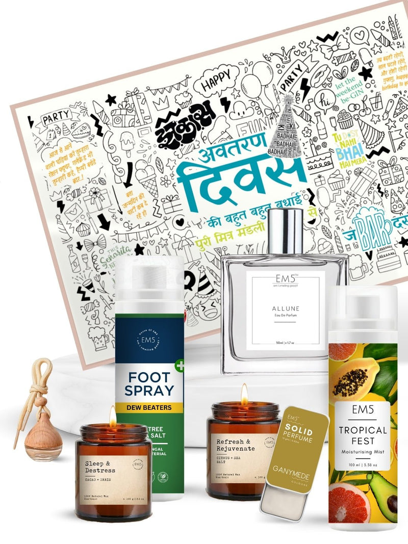 EM5™ Birthday Gift Hamper [Hindi] | Premium Gift Set | 2 x Scented Candles, 1 x car perfume, 1 x Solid Perfume, 1 x 50 ml Perfume Spray, 1 x Body Mist, 1 x Foot Spray | Birthday Gift Pack for Him, Her & Loved Ones