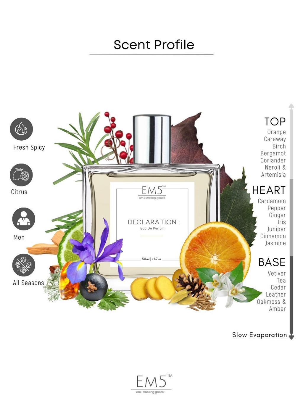 EM5™ Declaration Perfume for Men | Eau De Parfum Spray | Fresh Spicy Citrus Fragrance Accords | Luxury Gift for Him | Sizes Available: 50 ml / 15 ml - House of EM5