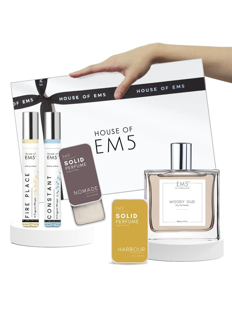 EM5™ Gift Pack for Men | Set of 5, 2x 12ml Perfume Sprays, 2x 12ml Solid Perfumes, 1x 50ml , Perfume Spray | Perfume Spray Gift Set for Him | Gift Set for Men, Husband, Boyfriend