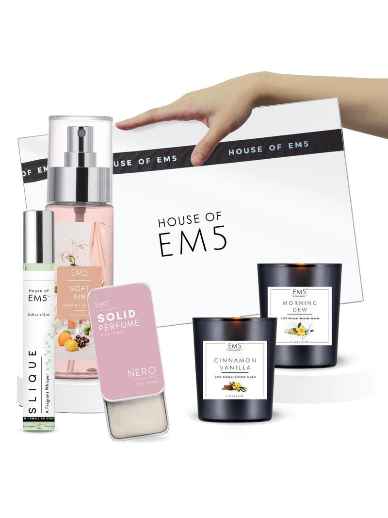 EM5™ Gift Pack for Women | Set of 5 Mist, Solid Perfume, Scented Candles and Perfume Spray Gift Set for Her | Gift Set for Girlfriend, Wife