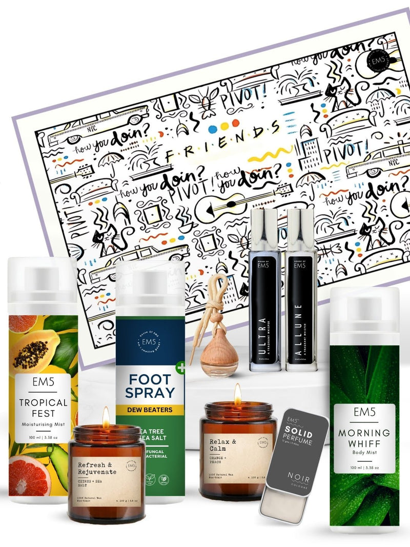 EM5™ Gift Hamper for Friends | Premium Gift Set | 2 x Scented Candles, 1 x Car Perfume, 2 x 15 ml Perfume Spray, 2 x Body Mists, 1 x Solid Perfume, 1 x Foot Spray | Luxury Pack for Him, Her & Loved Ones