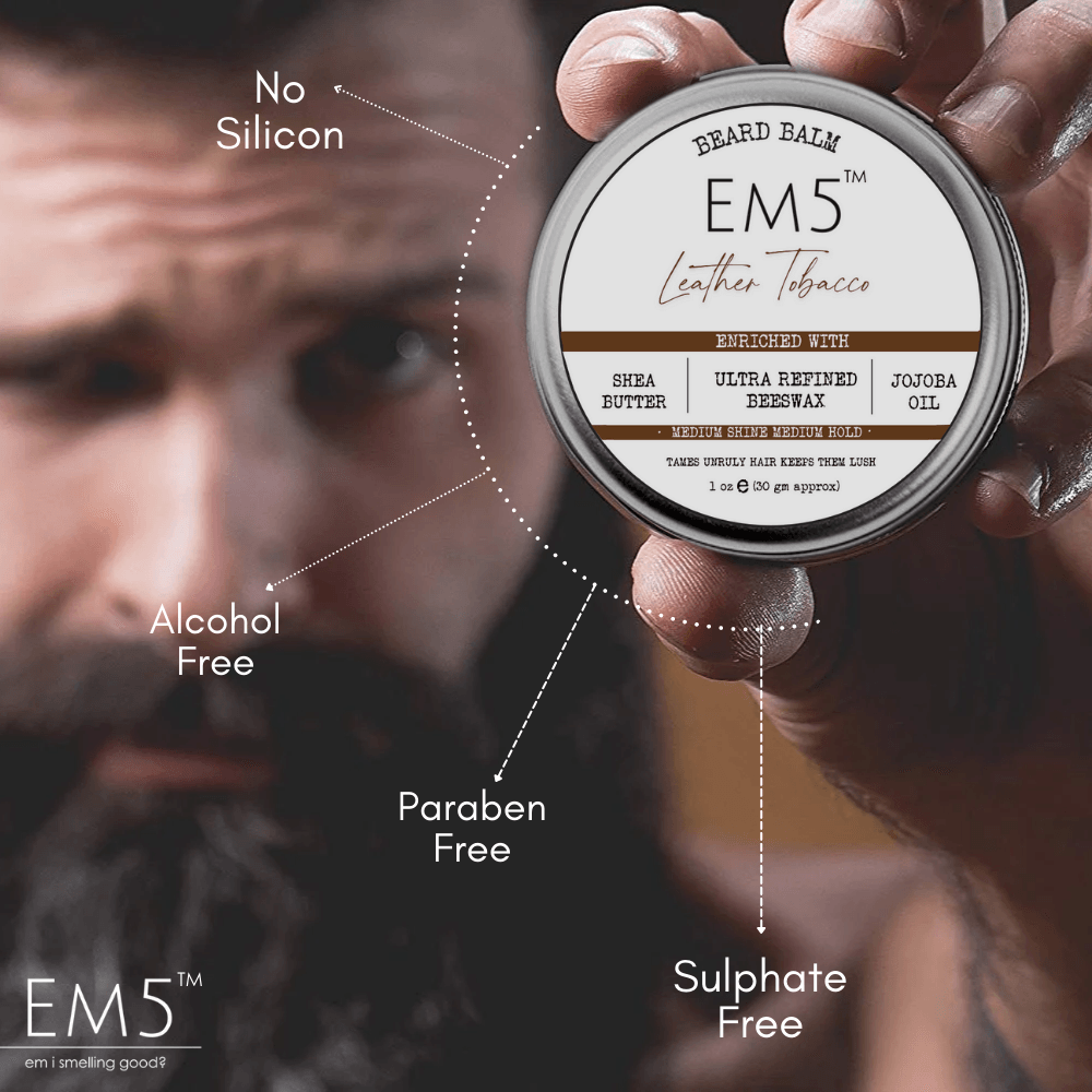 EM5™ Natural Organic Beard Balm | EM5's Natural Organic Beard Balm | Medium Hold - Shine | BeesWax, Shea Butter, Jojoba Oil, Essential Oils (Leather Tobacco) - House of EM5