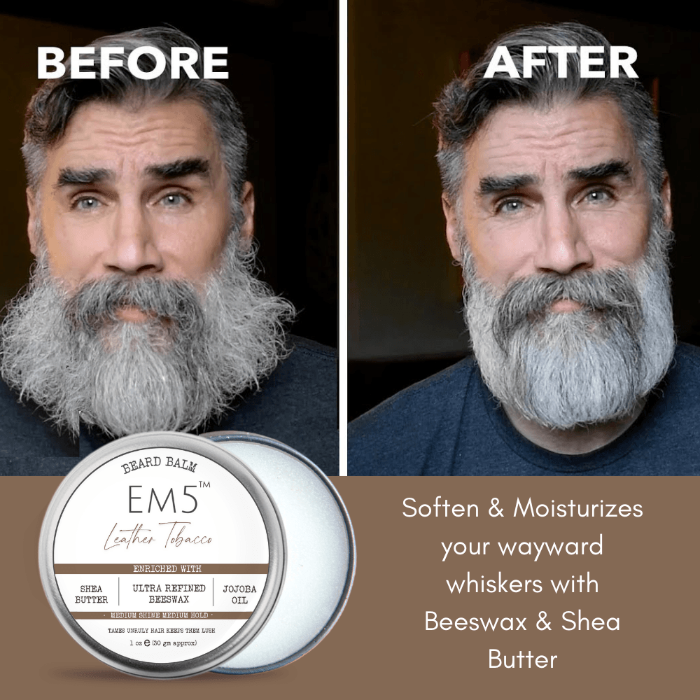 EM5™ Natural Organic Beard Balm | EM5's Natural Organic Beard Balm | Medium Hold - Shine | BeesWax, Shea Butter, Jojoba Oil, Essential Oils (Leather Tobacco) - House of EM5