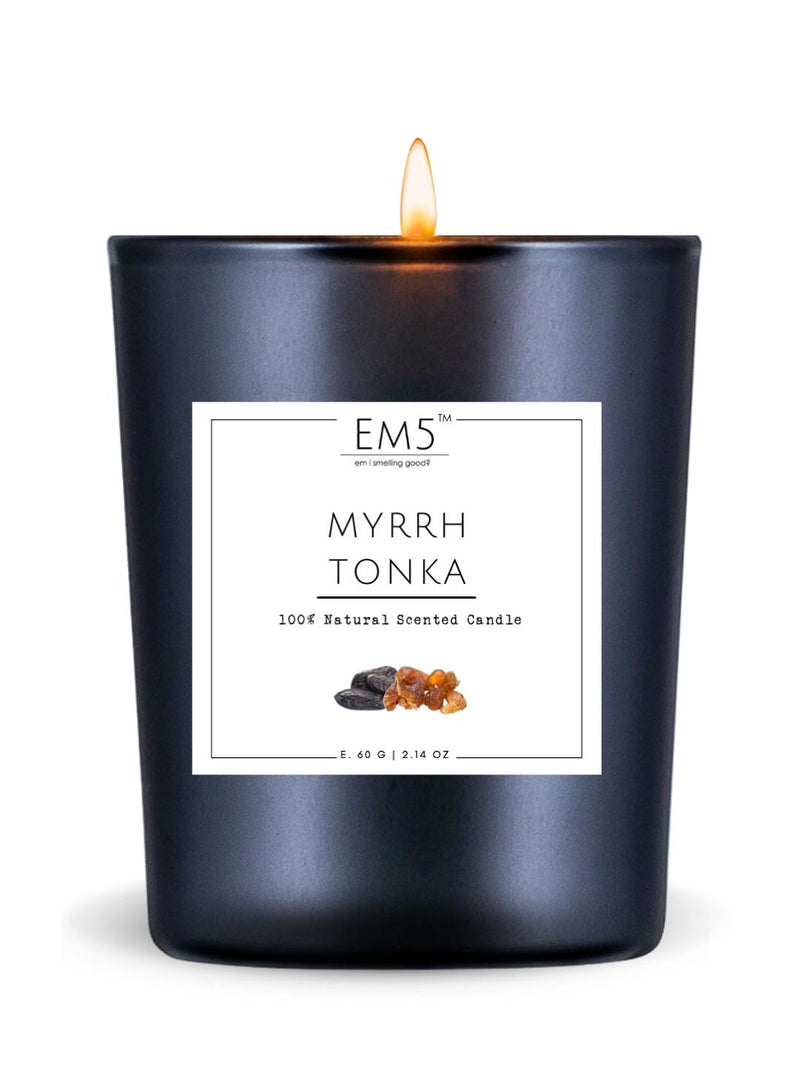 EM5™ Myrrh and Tonka Scented Candles | 60 gm | 12 to 16 Hrs Burn Time | Smoke Free & Non Toxic | Scented Candles for Home Decor & Aromatherapy | Best Fragrance Gift for Him/Her