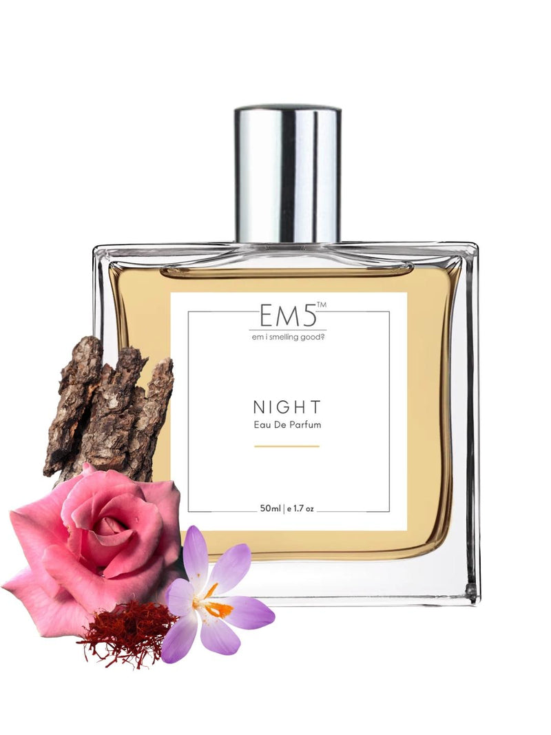 EM5™ Night Unisex Perfume | Strong and Long Lasting | Amber Woody Rose | Luxury Gift for Men / Women | 50 ml Spray / 10ml Alcohol Free Roll On