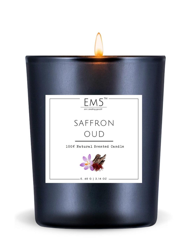 EM5™ Saffron Oud Scented Candles | 60 gm | 12 to 16 Hrs Burn Time | Smoke Free & Non Toxic | Scented Candles for Home Decor & Aromatherapy | Best Fragrance Gift for Him/Her