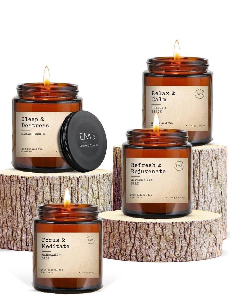 EM5™ Aromatherapy Scented Candles Set of 4 | Sleep/Destress - Focus/Meditate - Relax/Calm - Refresh/Rejuvenate | 100g Each, 30Hrs Burn Time | 100% Natural Wax | Non-Toxic, Clean Burning Candles