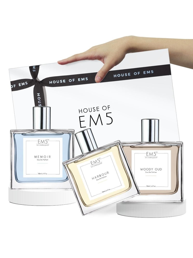 EM5™ Gift Pack | Set of 3 Perfumes for Men | Strong, Long Lasting Fragrance Set for Him | Memoir, Harbour and Woody Oud | Gift Set for Men / Him - House of EM5