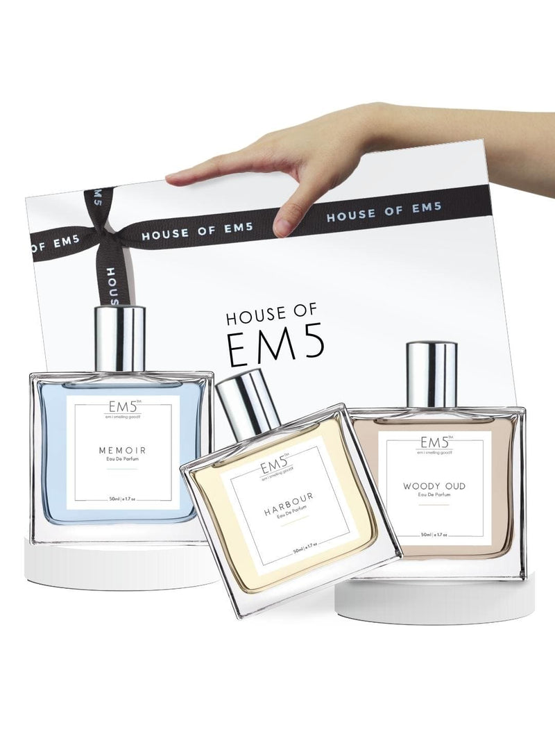EM5™ Gift Pack | Set of 3 Perfumes for Men | Strong, Long Lasting Fragrance Set for Him | Memoir, Harbour and Woody Oud | Gift Set for Men / Him