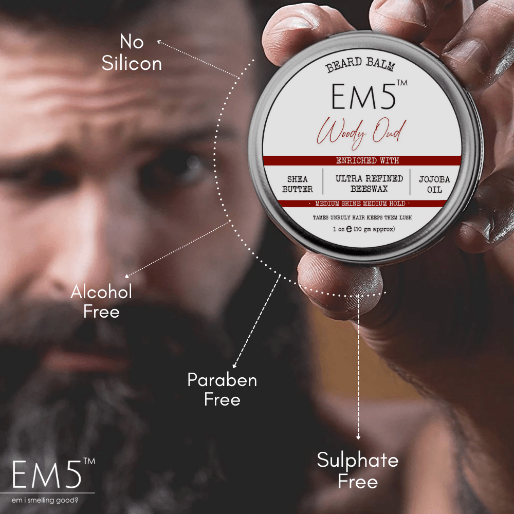 EM5™ Natural Organic Beard Balm | EM5's Natural Organic Beard Balm | Medium Hold - Shine | BeesWax, Shea Butter, Jojoba Oil, Essential Oils (Woody Oud) - House of EM5