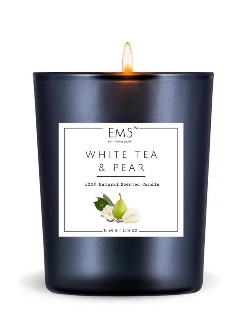 EM5™ White Tea & Pear Scented Candles | 60 gm | 12 to 16 Hrs Burn Time | Smoke Free & Non Toxic | Scented Candles for Home Decor & Aromatherapy | Best Fragrance Gift for Him/Her