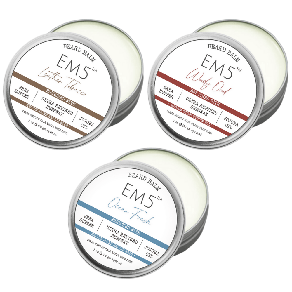 EM5™ Natural Organic Beard Balm | EM5's Natural Organic Beard Balm | Medium Hold - Shine | BeesWax, Shea Butter, Jojoba Oil, Essential Oils (Combo of 3) - House of EM5