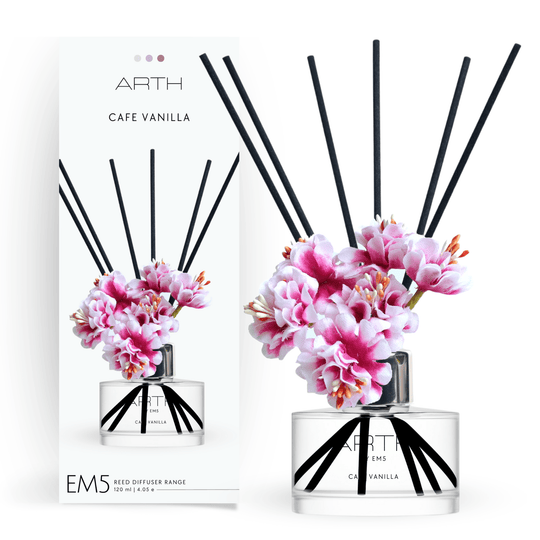 EM5™ Cafe Vanilla Reed Diffuser (120 ml) | Scented Diffuser for Home & Aromatherapy | Natural Fragrance of Vanilla | Lasts Upto 45 to 60 days & Smokeless | 8 Reeds with Diffuser Jar & Oil