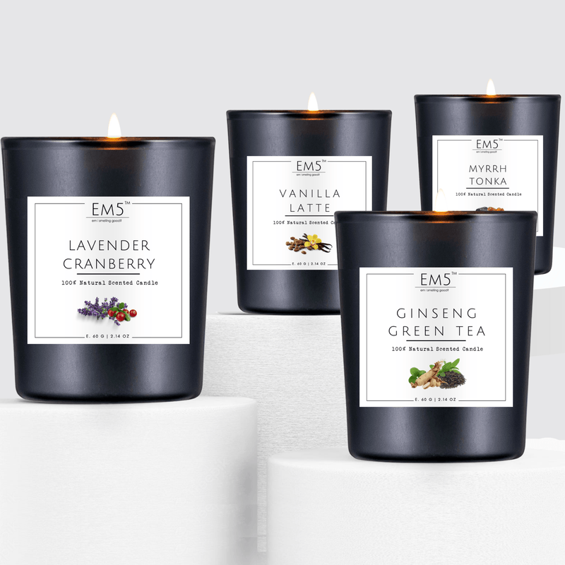 EM5™ 4 Scented Candles Set | Vanilla Latte, Ginseng Green Tea, Lavender Cranberry, Myrrh Tonka | 80 Hrs Burn Time | 4X60Gm Each