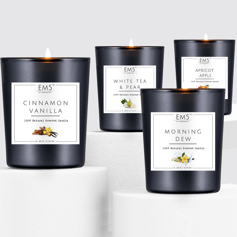 EM5™ Set of 4 Scented Candles | Cinnamon Vanilla, White Tea & Pear, Apricot Apple, Morning Dew | 80 Hrs Burn Time | 4X60Gm Each