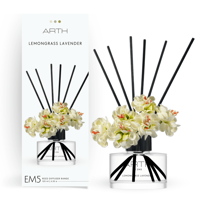 EM5™ Lemongrass Lavender Reed Diffuser (120 ml) | Scented Diffuser for Home & Aromatherapy | Natural Fragrance of Lemongrass & Lavender | Lasts Upto 45 to 60 days & Smokeless | 8 Reeds with Diffuser Jar & Oil - House of EM5