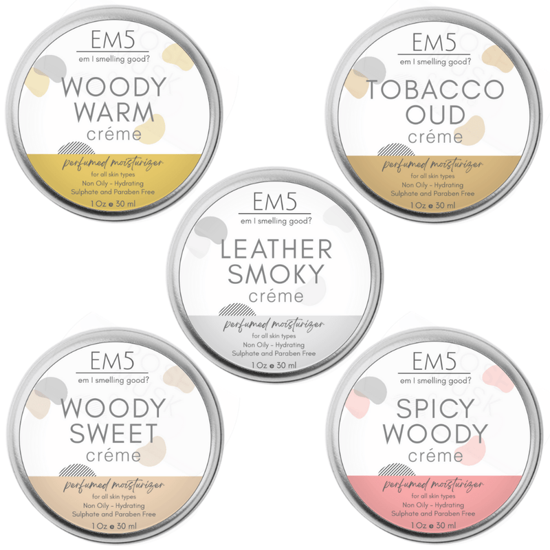 EM5™ HydroBoost Perfumed Moisturizing Crème Set of 5, 30Gms Each | Woody Tobacco Leather | Silicon and Paraben Free | Ultra Absorbing | For all Skin Types