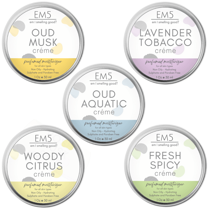 EM5™ HydroBoost Perfumed Moisturizing Crème Set of 5, 30Gms Each | Oud Fresh Spicy | Silicon and Paraben Free | Ultra Absorbing | For all Skin Types