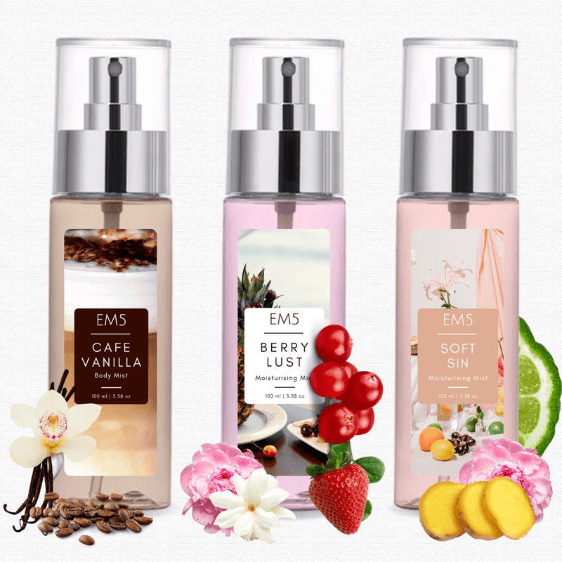 EM5™ Body Mist - Set of 3 Long Lasting Fragrance - Moisturizing and Hydrating Body Mist with Aloe Vera and Vitamin-E (Cafe Vanilla - Berry Lust - Soft Sin)