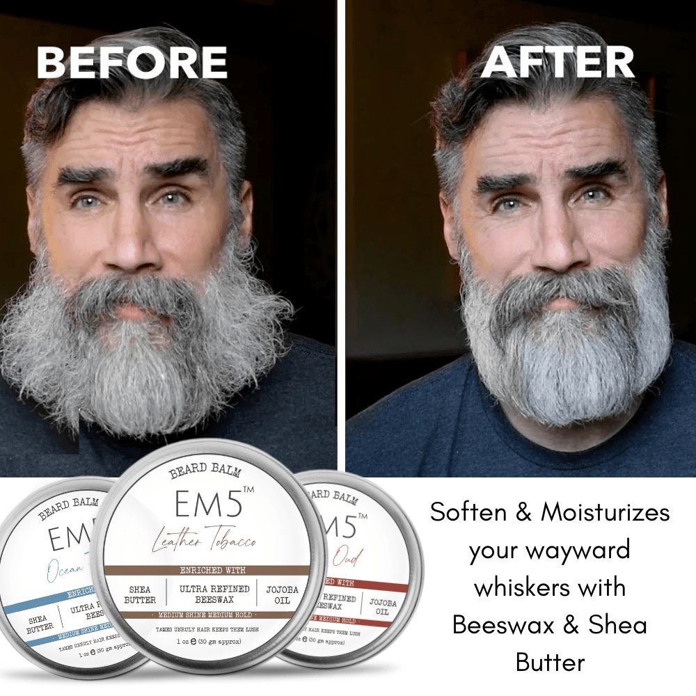 EM5™ Natural Organic Beard Balm | EM5's Natural Organic Beard Balm | Medium Hold - Shine | BeesWax, Shea Butter, Jojoba Oil, Essential Oils (Combo of 3) - House of EM5